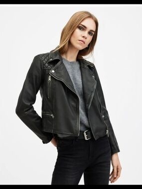 ALLSAINTS Cargo Distressed Leather Biker Jacket Black size 6